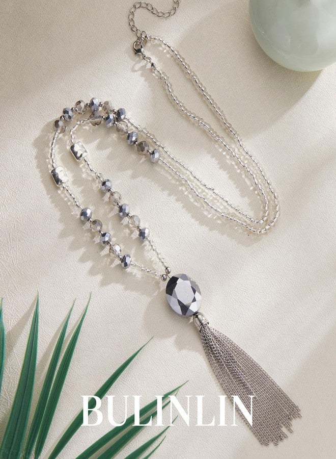 BULINLIN Boho Beaded Long Necklaces for Women Chunky Bead Pendant Necklace with Crystal Tassel Costume Jewelry Gifts for Her(Silver) - Image 2